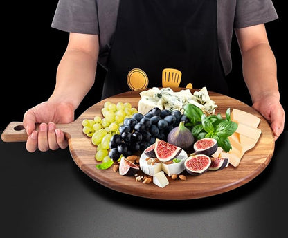 21"x16" XL Extra Large Acacia Wood Cutting Board with Handle Round Wooden Charcuterie Boards Meat Chopping Board Bread Serving Cheese Platter Big Pizza Cutting Boards for Kitchen Carving Butcher Board