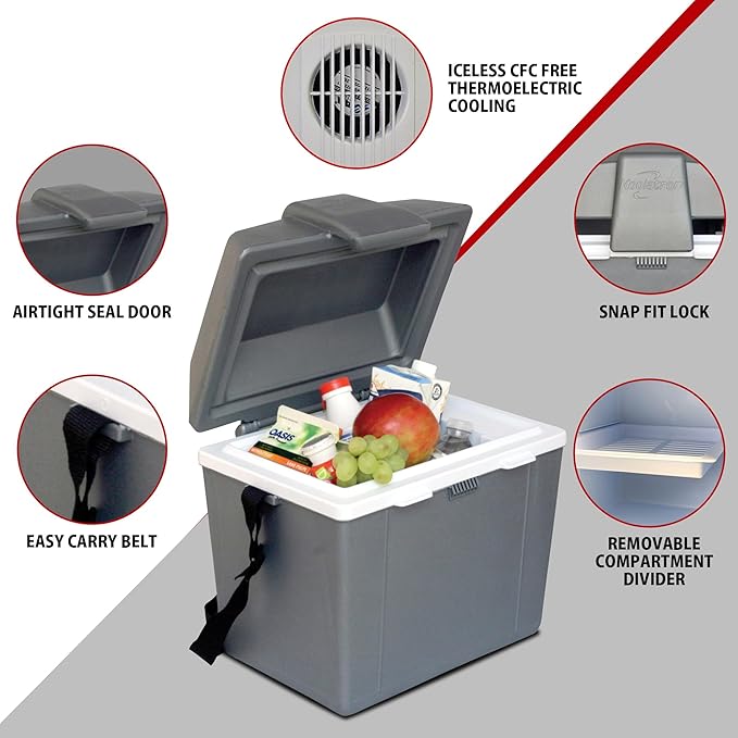 Koolatron Electric Portable Cooler Plug in 12V Car Cooler/Warmer 9.8 qt (9 L), No Ice Thermo Electric portable Fridge for camping, Travel Road Trips Trucking with 12 Volt DC Power Cord, Gray/White.