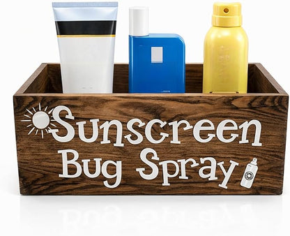 CroBlissful Sunscreen Bug Spray Storage Basket Summer Beach Wooden Box with 3 Compartment Dark Brown Toilet Tank Tray for Indoor Outdoor Swimming Pool Decor Sunblock Sunglasses Pool Toy Storage Basket