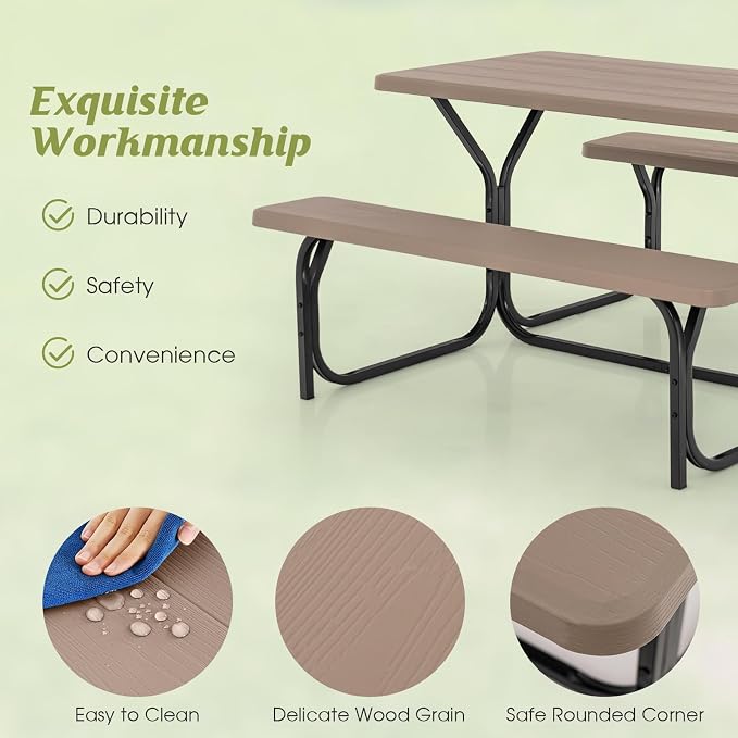 COSTWAY Outdoor Picnic Table, HDPE Plastic Picnic Table Bench Set with Weather Resistant Tabletop & Wood Texture, Ideal for Patio, Backyard (59" D x 54" W x 28.5" H,Brown)