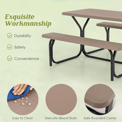 COSTWAY Outdoor Picnic Table, HDPE Plastic Picnic Table Bench Set with Weather Resistant Tabletop & Wood Texture, Ideal for Patio, Backyard (59" D x 54" W x 28.5" H,Brown)