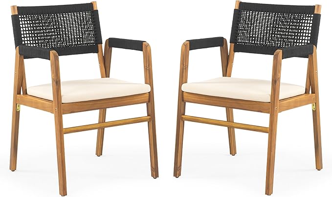 Christopher Knight Home Set of 2 Terry Farmhouse Country Patio Acacia Wood Dining Armchairs, Outdoor Side Chair with Rope Woven Backrest,Garden/Backyard Accent Chair with Cushions,Black+Natural Brown
