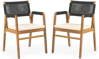 Christopher Knight Home Set of 2 Terry Farmhouse Country Patio Acacia Wood Dining Armchairs, Outdoor Side Chair with Rope Woven Backrest,Garden/Backyard Accent Chair with Cushions,Black+Natural Brown
