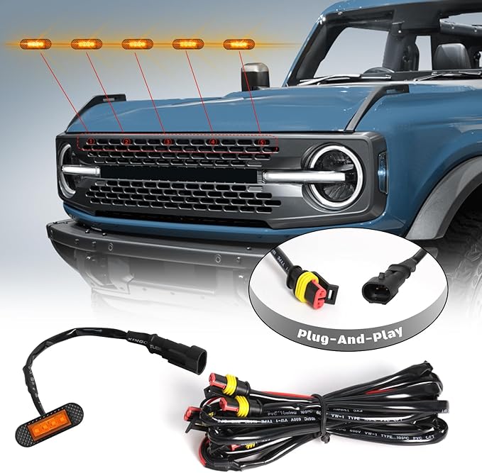 5 Pcs Grille Lights Compatible with 2021 2022 2023 2024 Ford Bronco Badlands, Wildtrak, Everglades 2/4-Door - LED Front Grille Lights Accessories with Fuse & Harness(Amber Light)