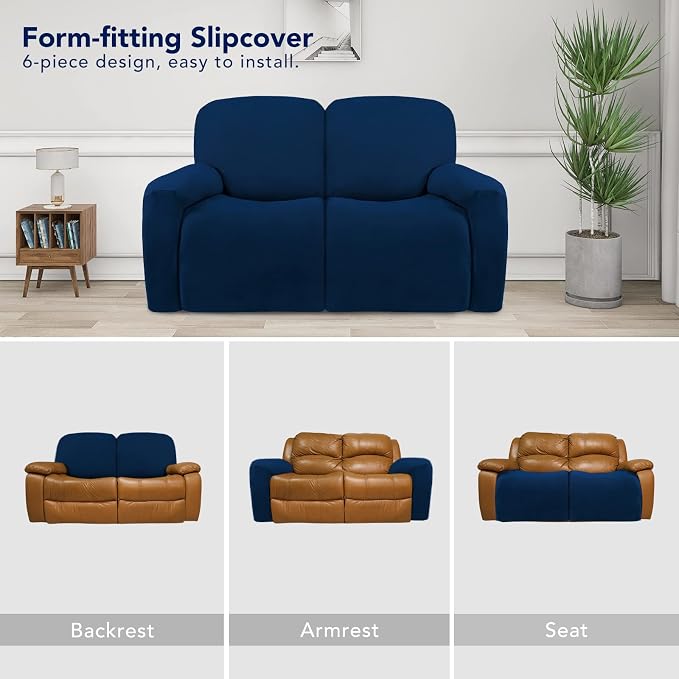 PureFit Super Stretch Loveseat Recliner Sofa Couch Cover with Pocket | 2 Seats Non Slip Soft Sofa Slipcover, Washable Reclining Furniture Protector for Kids, Pets (Recliner Loveseat, Navy)