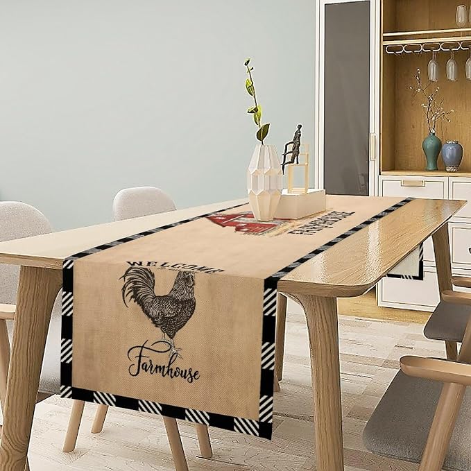 Farm Animals Table Runner, Rustic Farmhouse Cow Pig Rooster Watercolor Coffee Table Center Decor for Home Kitchen Dining Dinner Indoor Holiday Farmhouse Decor 13x60 Inch