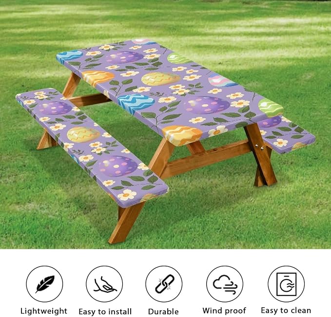 Easter Eggs Picnic Table Cover for Outdoor Camping Easter Eggs Elastic Fitted Table Cloth for Camping Party Supplies 3 PCS Set