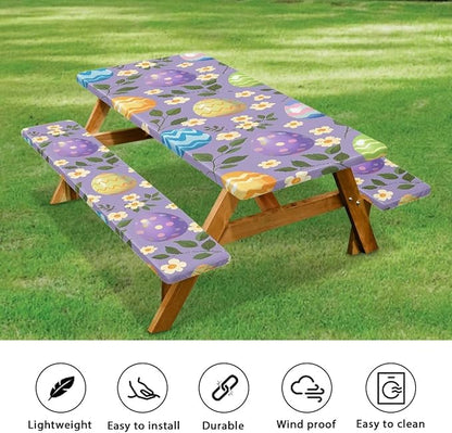 Easter Eggs Picnic Table Cover for Outdoor Camping Easter Eggs Elastic Fitted Table Cloth for Camping Party Supplies 3 PCS Set
