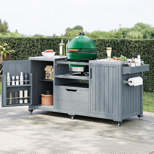 66.5" Outdoor Kitchen Island with Stainless Top & Rolling | Adjustable shelves,lockable wheels,storage cabinet,sturdy stainless top,space-saving for patio/backyard/outdoor,easy assembly