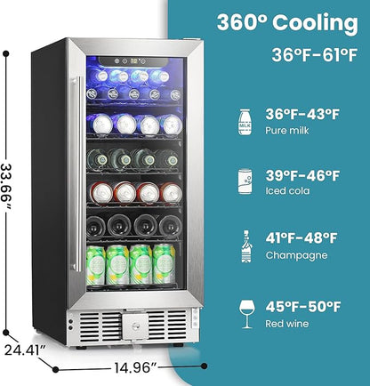 Antarctic Star 115 Can Beverage Refrigerator Cooler, 2.9 Cu.Ft Mini Fridge with Safety Lock, Beverage Cooler with Glass Door/LED Light/Adjustable Removable Shelves for Home/Office/Bar(Stainless Steel)
