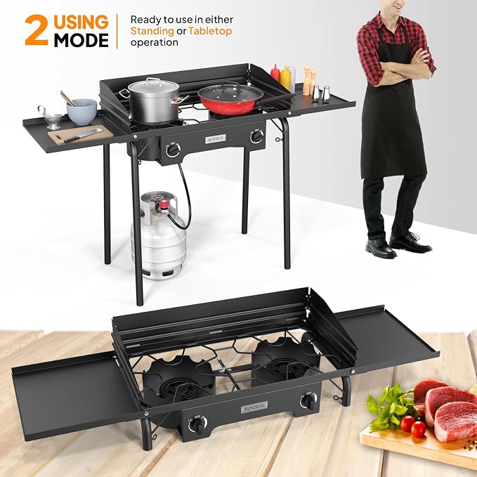 ROVSUN 2 Burner Outdoor Camping Stove with Wind Panel & Shelves, Heavy Sturdy Propane Burner, Gas Cooker with Detachable Legs & CSA Regulator for Home Camp Paito Cooking Frying Canning