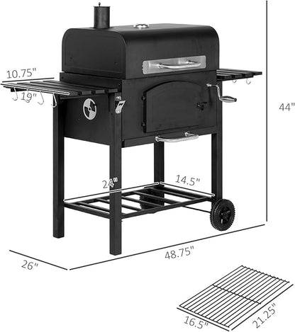 GOWE Charcoal Grill, BBQ with Adjustable Height, Portable Barbecue with Folding Shelves, Thermometer, Bottle Opener & Wheels for Outdoor Camping, Picnic, Patio, Backyard, Black