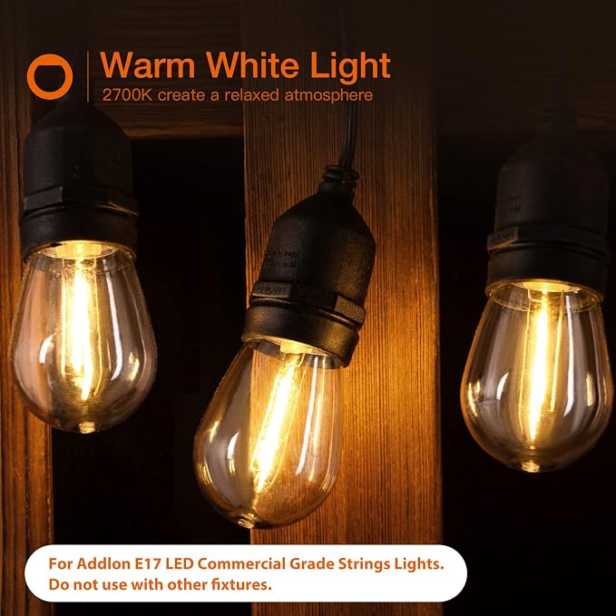 addlon LED Replacement Bulbs S14 15-Pack 1W E17 Waterproof Shatterproof | Commercial Grade Quality, LED Dimmable Compatible Clear Plastic E17 Screw Base for Our Outdoor String Light