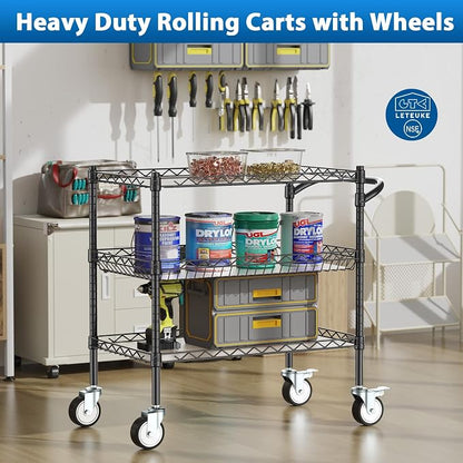 3 Tier Rolling Carts with Wheels, Heavy Duty Rolling Utility Cart | NSF Commercial Grade Metal Cart with Handle&Shelf Liner,Trolley Serving Cart for Kitchen,Restaurant,Plant Display,Black