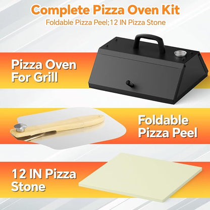Pizza Oven for Grill, Grill Top Pizza Oven Kit with 12-inch Pizza Stone, Foldable Pizza Peel and Built-in Thermometer, Portable Outdoor Pizza Oven for Gas and Charcoal Grills