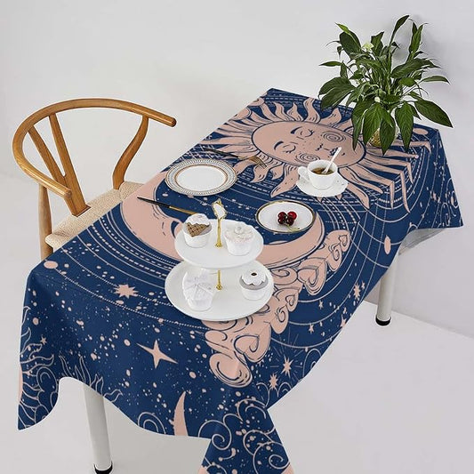Moon Sun Tablecloth Vintage Boho Celestial Star Magical Galaxy Space Table Cloth Water Resistant Wipeable Table Cover for Farmhouse Picnic Party Holiday Kitchen Dinner Table 55"x55"