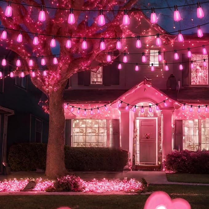 LAMPHOME 2-Pack 26Ft ST38 Pink Valentine's Day Patio Lights ，Outdoor String Lights with 12+1 ST38 Edison Bulbs, Shatterproof LED Lights for Outside Bistro Christmas Wedding Party Decorations