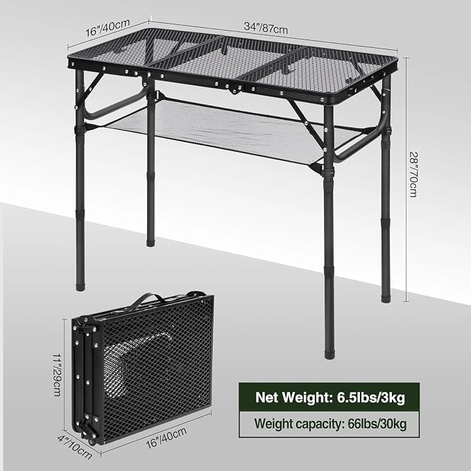 REDCAMP Small Triple fold Folding Grill Table for Outside, 3 Heights Adjustable Lightweight Portable Metal Frame Outdoor Table for Camping Picnic Cooking BBQ, Black, 34x16 inches