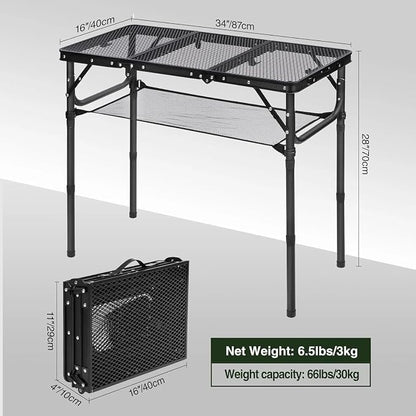 REDCAMP Small Triple fold Folding Grill Table for Outside, 3 Heights Adjustable Lightweight Portable Metal Frame Outdoor Table for Camping Picnic Cooking BBQ, Black, 34x16 inches