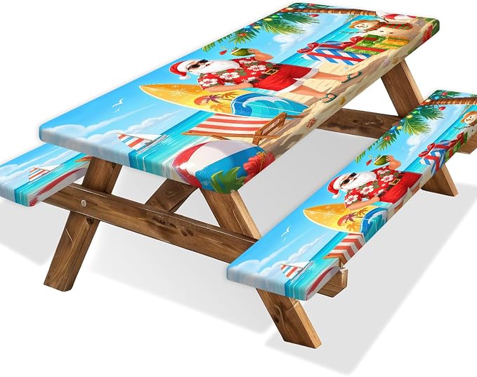 Picnic Table Cover with Bench Covers and Bag, Camping Essentials, Tropical Christmas Santa Waterproof Washable Camping Tablecloth, Fitted Rectangle Tables and Seats for Indoor, Outdoor 3Pcs 30x96 Inch