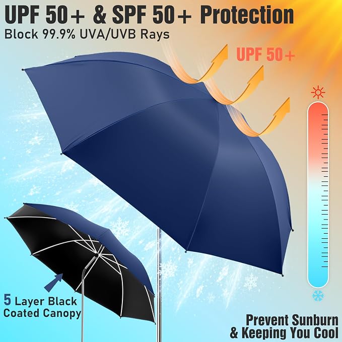 2 PACK Beach Umbrella with Clamp, 360 ° Adjustable Umbrellas for Chair, UPF50+ Umbrella for Beach Chair, Patio Chair, Wheelchair, Camping Chair, Golf Carts (Chair Not Included)