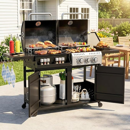 EROMMY 2-in-1 Dual Fuel Propane & Charcoal Grill Combo with Side Burner, Porcelain-Enameled Cast Iron Grates, 646SQIN Large Cooking Area for Outdoor Patio Backyard Barbecue & Party Events