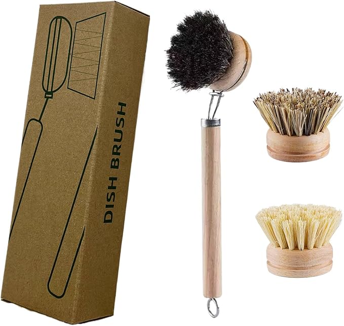 Bamboo Dish Brush - Kitchen Scrub Brushes with 3 Replacement Heads | Natural Bristle | Sisal | Horse Hair - Pot Brush with Wooden Handle for Cleaning Grills, Pans, Stoves