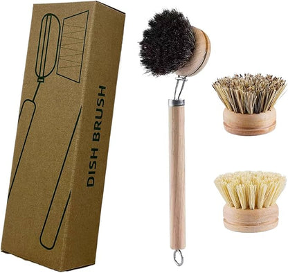 Bamboo Dish Brush - Kitchen Scrub Brushes with 3 Replacement Heads | Natural Bristle | Sisal | Horse Hair - Pot Brush with Wooden Handle for Cleaning Grills, Pans, Stoves