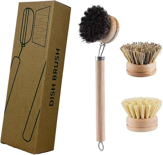 Bamboo Dish Brush - Kitchen Scrub Brushes with 3 Replacement Heads | Natural Bristle | Sisal | Horse Hair - Pot Brush with Wooden Handle for Cleaning Grills, Pans, Stoves