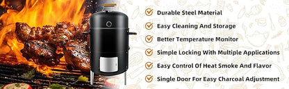 17" BBQ Smoker Grill Built in Thermometer Air Vent and adding charcoal door Multi-Layer heavy duty Meat Smoker Grill