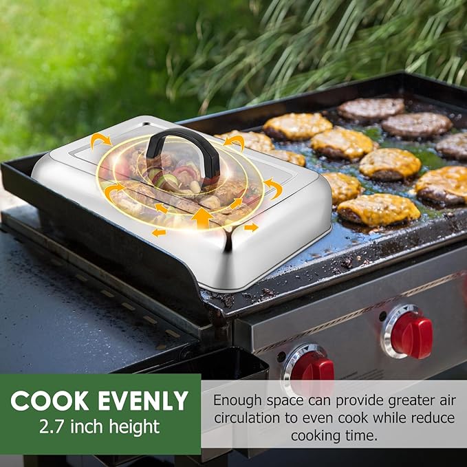 1Piece Basting Cover Melting Dome for Griddle (13 x 9.8"), Joyfair Rectangular Stainless Steel Cheese Melt Lid for Outdoor Flat Top Grill, Heat-Resistant Handle & Dishwasher Safe (No Vent)