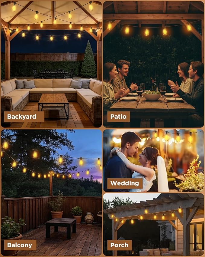VOLIVO 100FT Outdoor String Lights for Patio, Waterproof Hanging Lights with 35+1 Shatterproof ST38 Edison Bulbs, Dimmable & Connectable Outside String Light for Backyard, Deck, Porch, Balcony