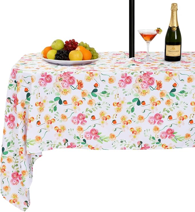 SquarePie Outdoor Tablecloth with Umbrella Hole Rectangle - 60x84 Inch Patio Table Cloth Waterproof Zipper Table Cover for Spring Summer Garden Camping Poolside Picnic BBQS, Rose Floral