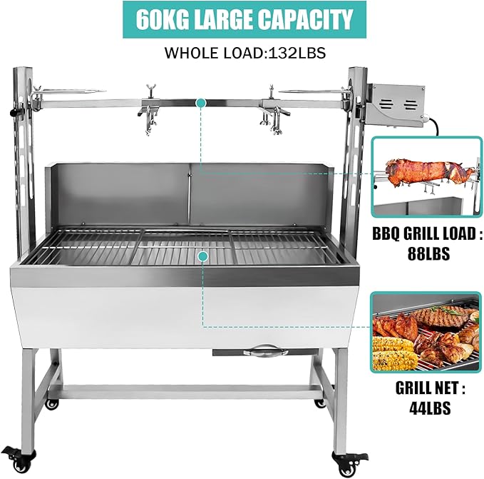 Rotisserie Grill Charcoal Spit Roaster, Stainless Steel 37" Pig Lamb Hooded Roaster Charcoal Spit With 25W Motor & Adjustable Height Lockable Casters For Party Barbecue,132 LBS With Baffle