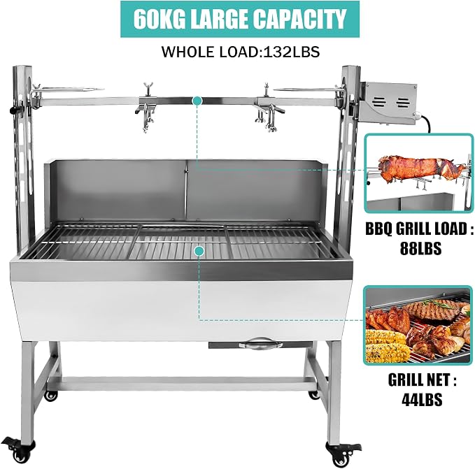 37" Electric Rotisserie Grill, Pig Lamb Spit Roaster Stand With 132 Lbs Capacity and Adjustable Height, BBQ Charcoal Grill Kit Stainless Steel for Outdoor Party Camping