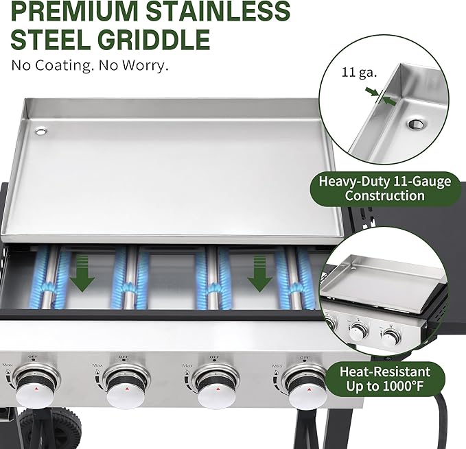 4-Burner Flat Top Grill with Folding Side Tables, Outdoor Griddle Grill with Storage Cover, 40,000 BTU Flat Grill with Stainless Steel Cooking Surface for BBQ, Camping, Tailgating