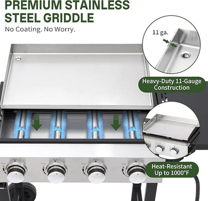 4-Burner Flat Top Grill with Folding Side Tables, Outdoor Griddle Grill with Storage Cover, 40,000 BTU Flat Grill with Stainless Steel Cooking Surface for BBQ, Camping, Tailgating
