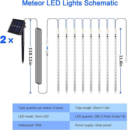 JMEXSUSS 2 Pack Solar Christmas Meteor Shower Lights, 16 Tube 288 LED White Solar Christmas String Lights Outdoor Waterproof for Tree Patio Garden Wedding Party Decorations