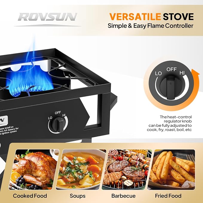 ROVSUN 2 Burner Foldable Gas Stove with Side Table, 150,000 BTU Portable Propane Stove with Ignition & Regulator for Camping Home Backyard Cooking Brewing Canning Turkey Frying