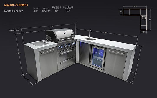 Mont Alpi Premium 82"W x 88"D L-shaped Deluxe Stainless Steel Modular Outdoor Kitchen Island with Beverage Center Refrigerator Faucet & Sink + 32"W 4-Burner BBQ Gas Grill + Storage Cabinets & Drawers