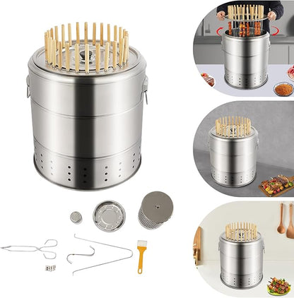 Charcoal Barrel BBQ Grill, Stainless Steel BBQ Hanging Stove, Portable BBQ Grill Mesh Barrel with Grilling Accessories Set for Vegetables and Meat Carbon Vertical Barbecue (28 Skewers)