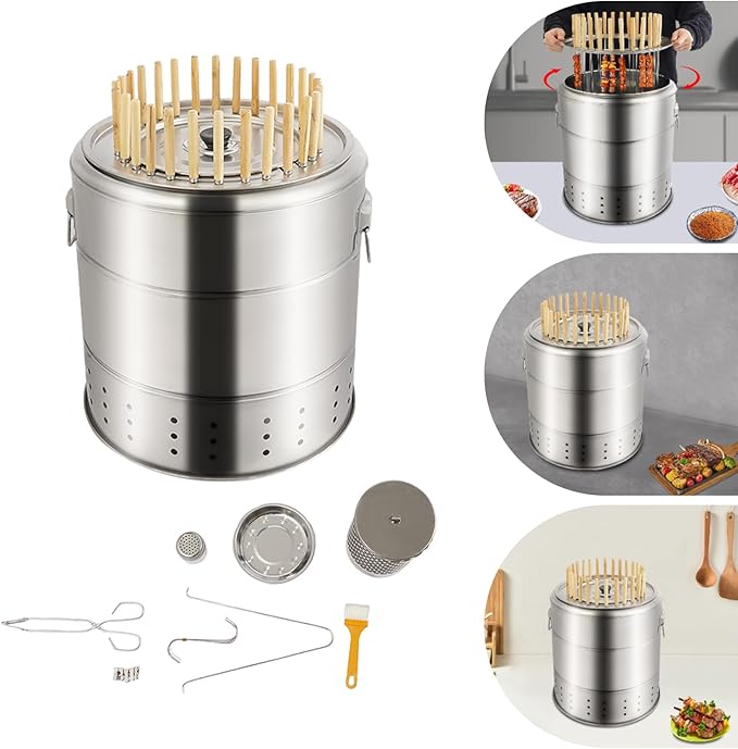 Charcoal Grill, Stainless Steel Portable BBQ Barrel Grill with 28 Skewers, 360° Surround Cooking for Hanging Kebabs, Ideal for Outdoor Camping, Parties & Picnics