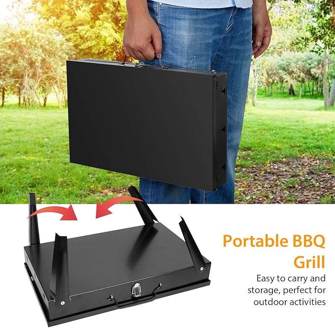 TeqHome Portable Charcoal Grill, Small BBQ Grill Outdoor Folding Barbecue Grill with Barbecue Accessories & Lid, Foldable Camping Grill for Outdoor Cooking Camp Picnic Hiking Beach Patio Smokers