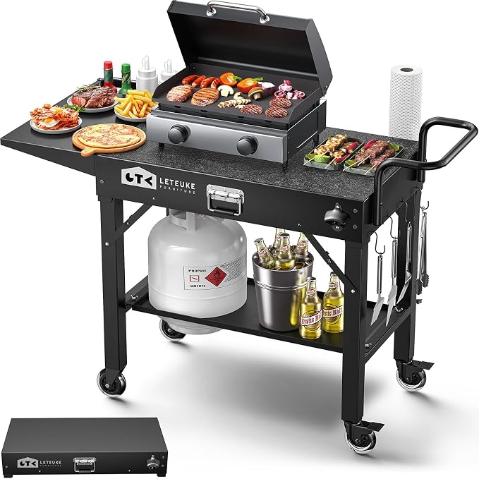 Grill Cart for Blackstone Griddle, Portable Outdoor Grill Table | Foldable Cart Table with Wheels for Ninja, Griddle Stand Fit 17 Inch Or 22 Inch, BBQ Prep Tables with Seasoning Tray
