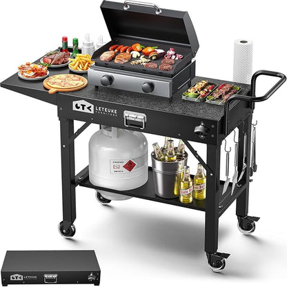 Grill Cart for Blackstone Griddle, Portable Outdoor Grill Table | Foldable Cart Table with Wheels for Ninja, Griddle Stand Fit 17 Inch Or 22 Inch, BBQ Prep Tables with Seasoning Tray