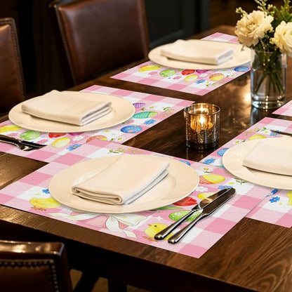 Nuxovilar Tablerunner and Placemats Set of 7 Pink Plaid Easter Bunny & Chick Design Linen Square Placemats for Dining Dining Sets and Accessories Family Breakfast, Easter Party, Friend Gatherings