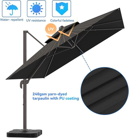 10x13FT Black Cantilever Outdoor Patio Umbrella with Base, Large Rectangular Offset Design, Double Top Heavy Duty Aluminum Frame & 360° Rotation for Pool Garden Deck Backyard