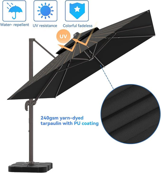10x13FT Black Cantilever Outdoor Patio Umbrella with Base, Large Rectangular Offset Design, Double Top Heavy Duty Aluminum Frame & 360° Rotation for Pool Garden Deck Backyard
