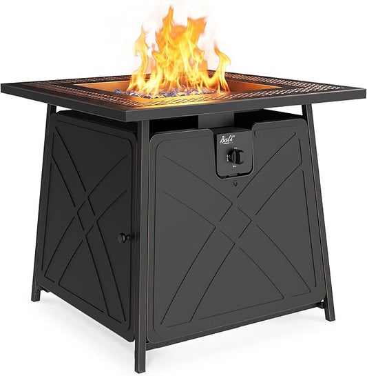 BALI OUTDOORS Gas FirePit Table, 28 inch 50,000 BTU Square Outdoor Propane Fire Pit Table with Lid and Blue Fire Glass