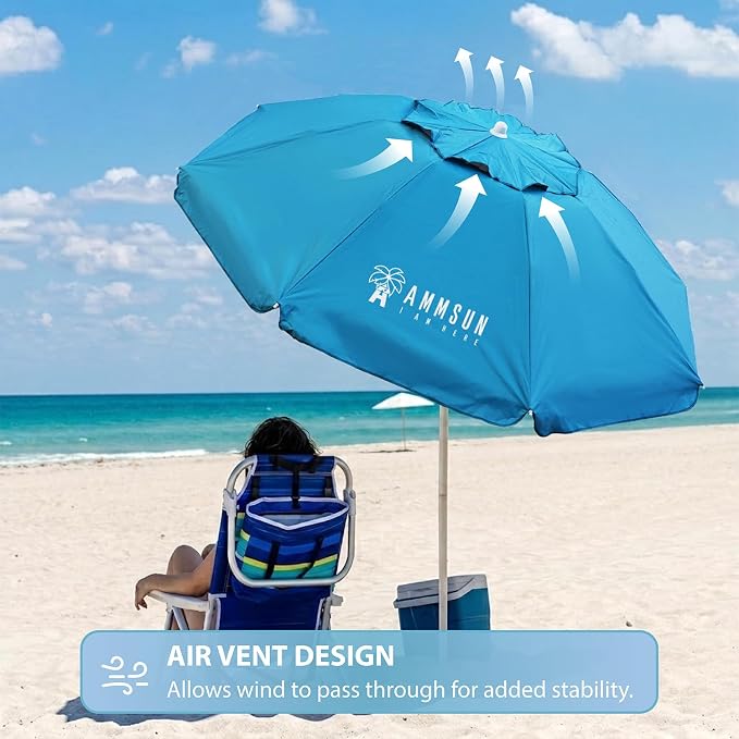 AMMSUN 6.5ft Twice Folded Portable beach umbrella with Sand Anchor Windproof Tilt Pole Air vent UPF 50+ Protection Fits in a large Suitcase Compact For Travel Patio Garden Pool Backyard Sky Blue